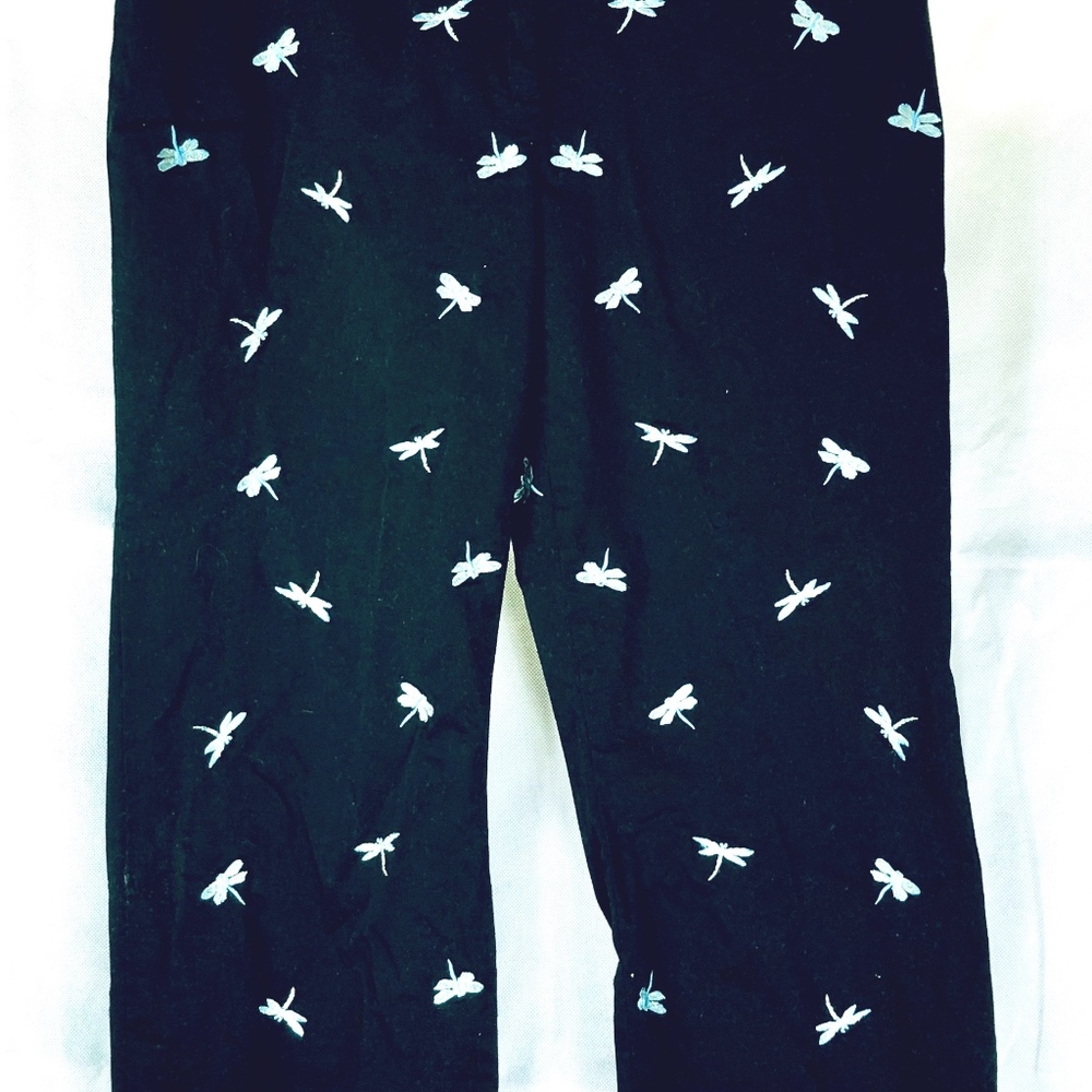 “Dragonfly in Amber:” Women Black Capri w/Blue Dragonflies